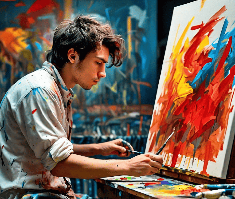 A person fully engaged in a creative activity, with vibrant colors and a dynamic background